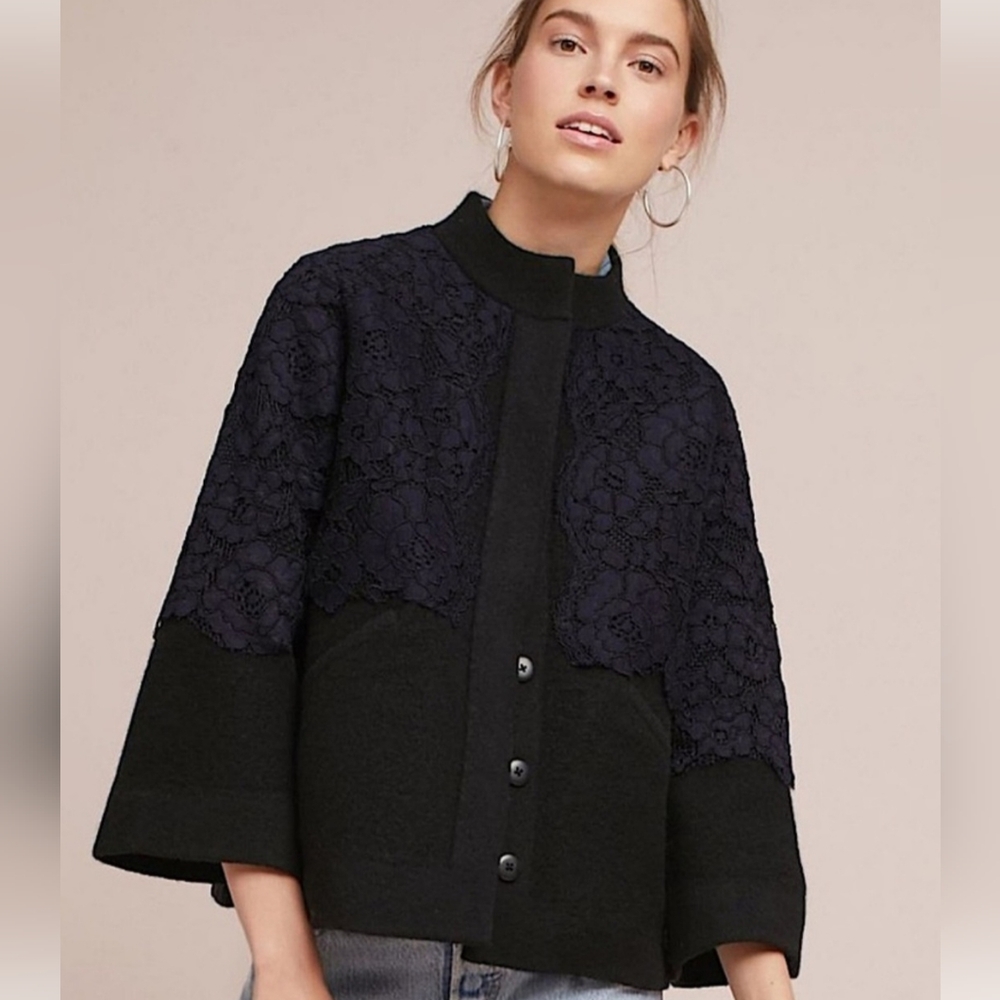 Anthropologie Field Flower Black Floral Lace Sweater Small Cardigan Couture